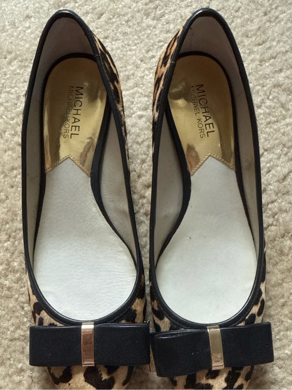 Michael Kors Leopard Print Flats with Black Bow and Gold Accent
